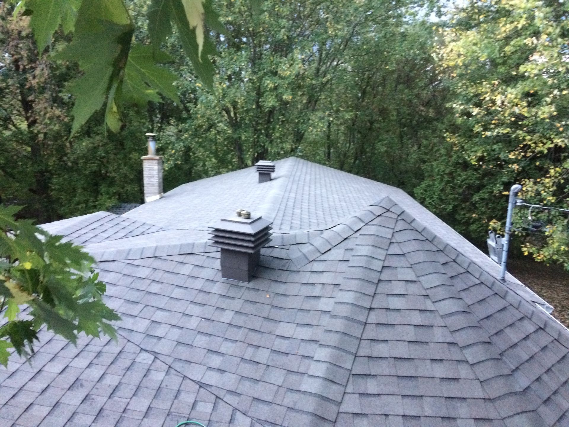 Un toit avec une cheminée dessus est entouré d'arbres.