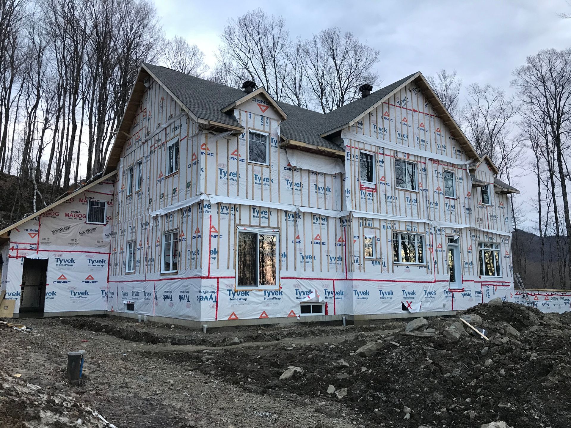 Une grande maison est en construction au milieu d'une forêt.