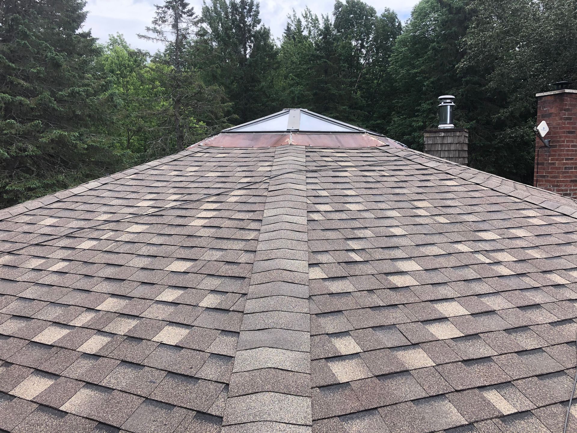 Un gros plan d'un toit avec une cheminée et des arbres en arrière-plan.