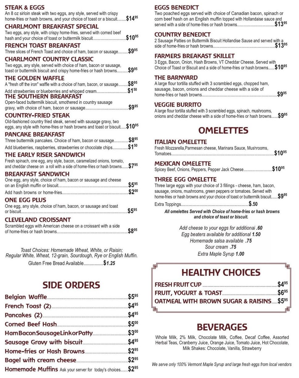 Menu Charlmont Restaurant