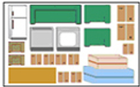 Overhead view of a moving truck packed with furniture, appliances, boxes, and bedding, in shades of green, white, brown, and yellow.