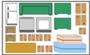 Overhead view of a moving truck packed with furniture, appliances, boxes, and bedding, in shades of green, white, brown, and yellow.