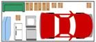 Top-down view of a cluttered garage. A red car dominates the space, surrounded by appliances, a green couch, and cardboard boxes.