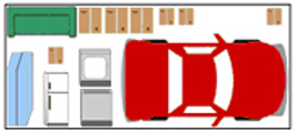 Top-down view of a cluttered garage. A red car dominates the space, surrounded by appliances, a green couch, and cardboard boxes.
