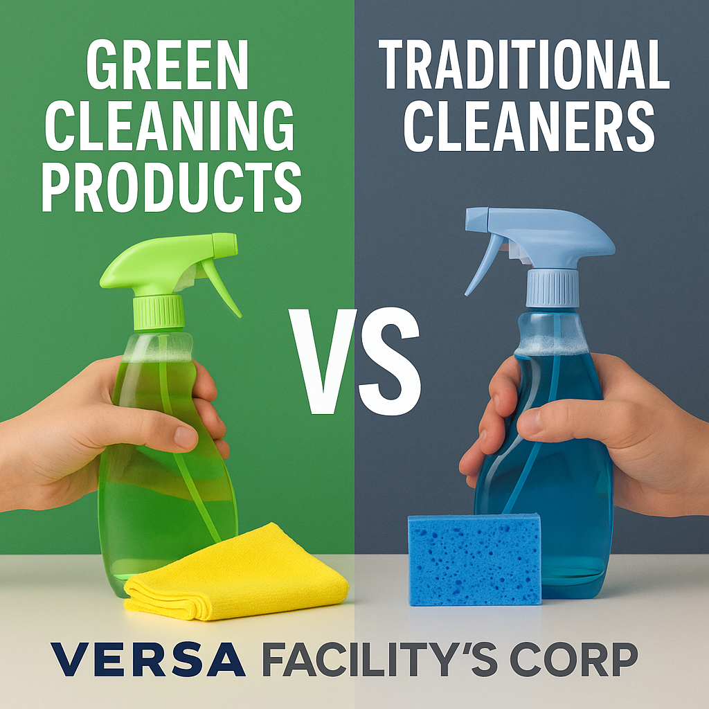 Green and traditional cleaning products comparison: a hand holding green spray bottle, cloth, vs. blue spray bottle, sponge.