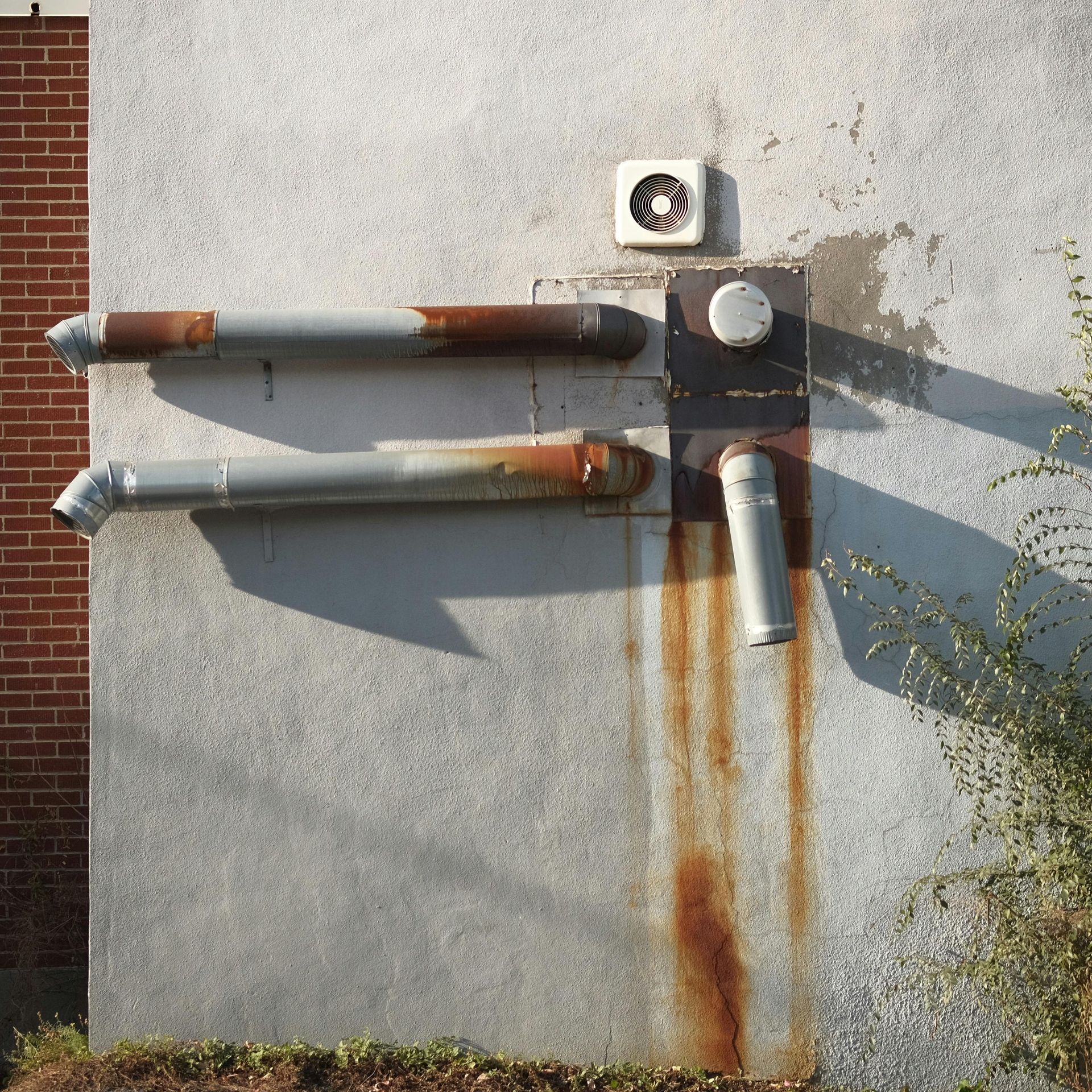 Gray wall with rusty pipes and a vent; shadows and plants on the right.