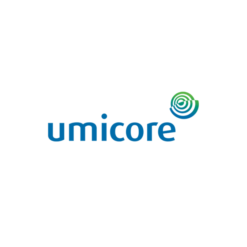 A blue and green umicore logo on a white background
