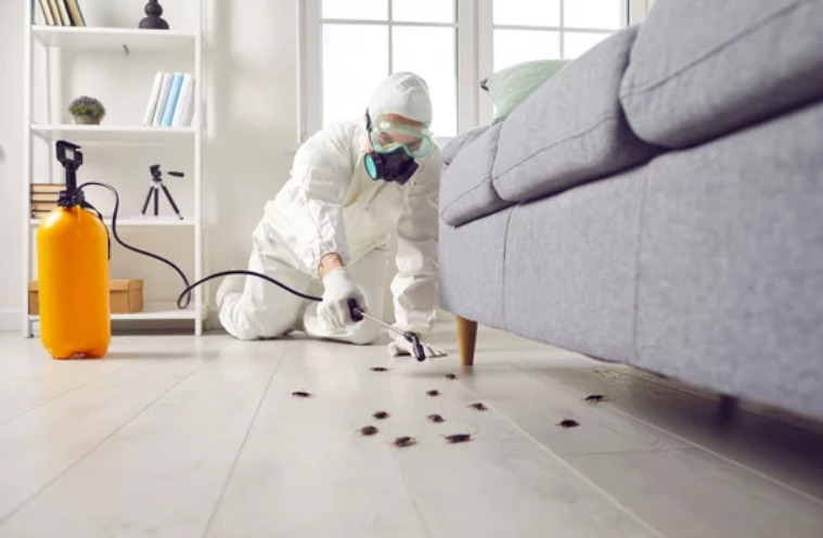 A man in a protective suit is spraying insecticide on the floor in a living room.