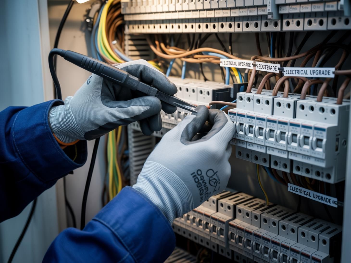Electrician in blue uniform and gloves, using a tool to work on a circuit breaker panel.