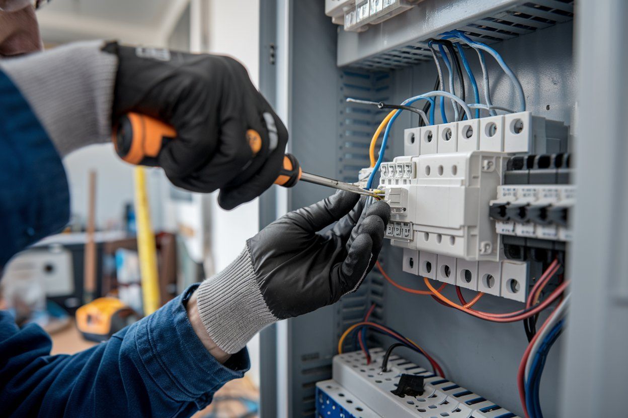 An electrician is working on an electrical box with a screwdriver.