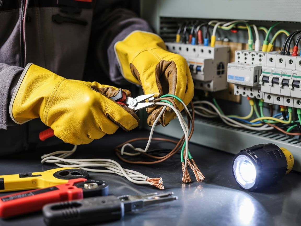 Electrician working on wiring in an electrical panel, wearing gloves, with tools and flashlight.