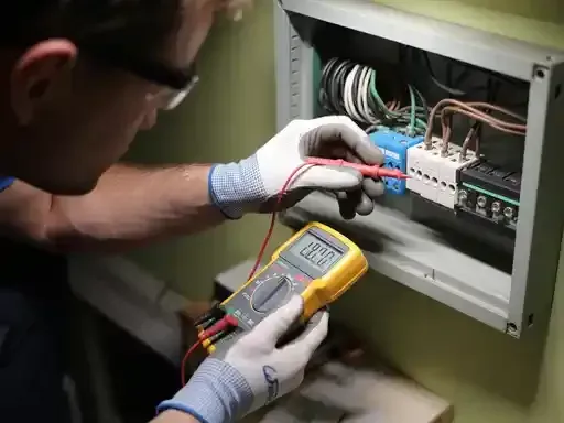 Electrician uses a multimeter to check wiring inside a gray electrical panel. He wears safety glasses and gloves.