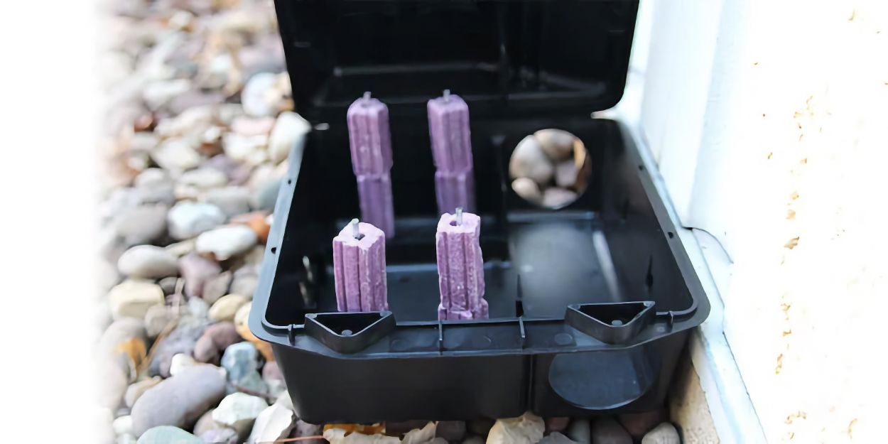 purple rodent baits inside black bait station - rat control port macquarie