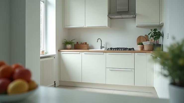 Modern White Kitchen With Wooden Countertops — NatureWise Pest Control In Port Macquarie, NSW