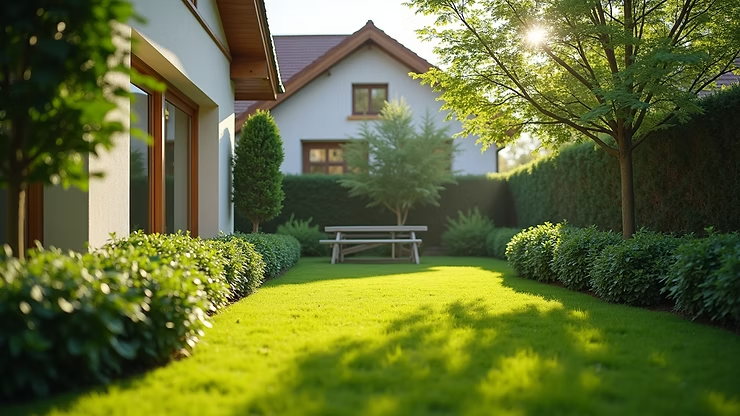 Lush Green Backyard With Grass, Hedges, and a Picnic Table — NatureWise Pest Control In Port Macquarie, NSW