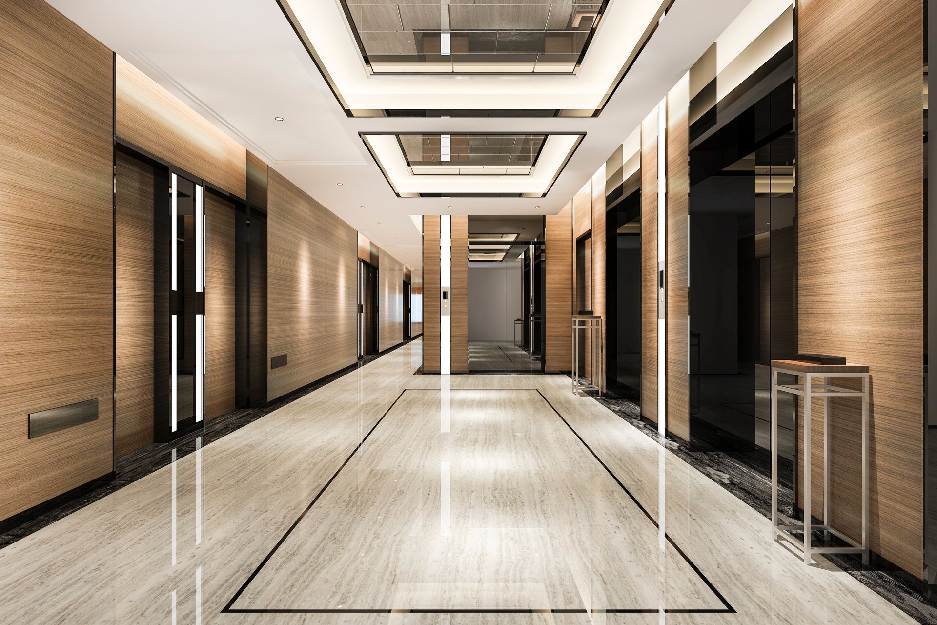 Long, modern hallway with marble floors, wood paneling, recessed lighting, and elevators. Long, modern hallway with marble floors, wood paneling, recessed lighting, and elevators.