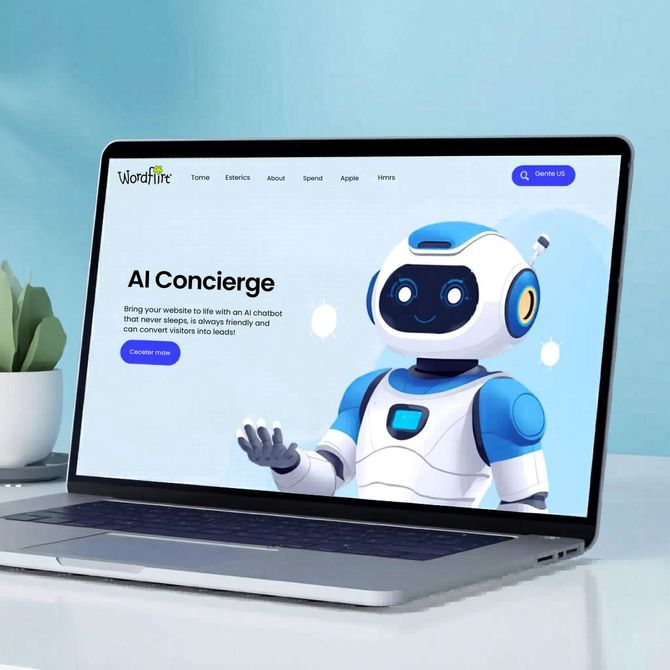 Laptop displaying an AI concierge website with a friendly blue-and-white robot mascot