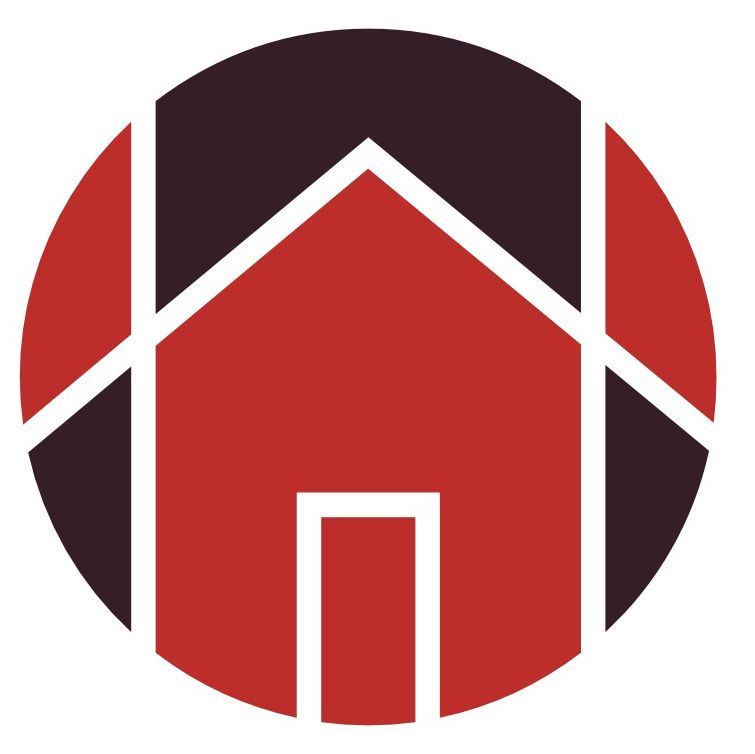 A red and black house in a circle on a white background.
