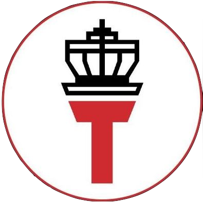 A red t with a crown on top of it in a red circle.