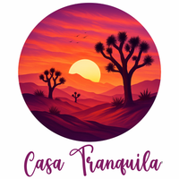 Stylized sunset over desert hills with silhouetted Joshua trees and the text “Casa Tranquila”