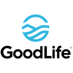 GoodLife logo with blue wave emblem above black text