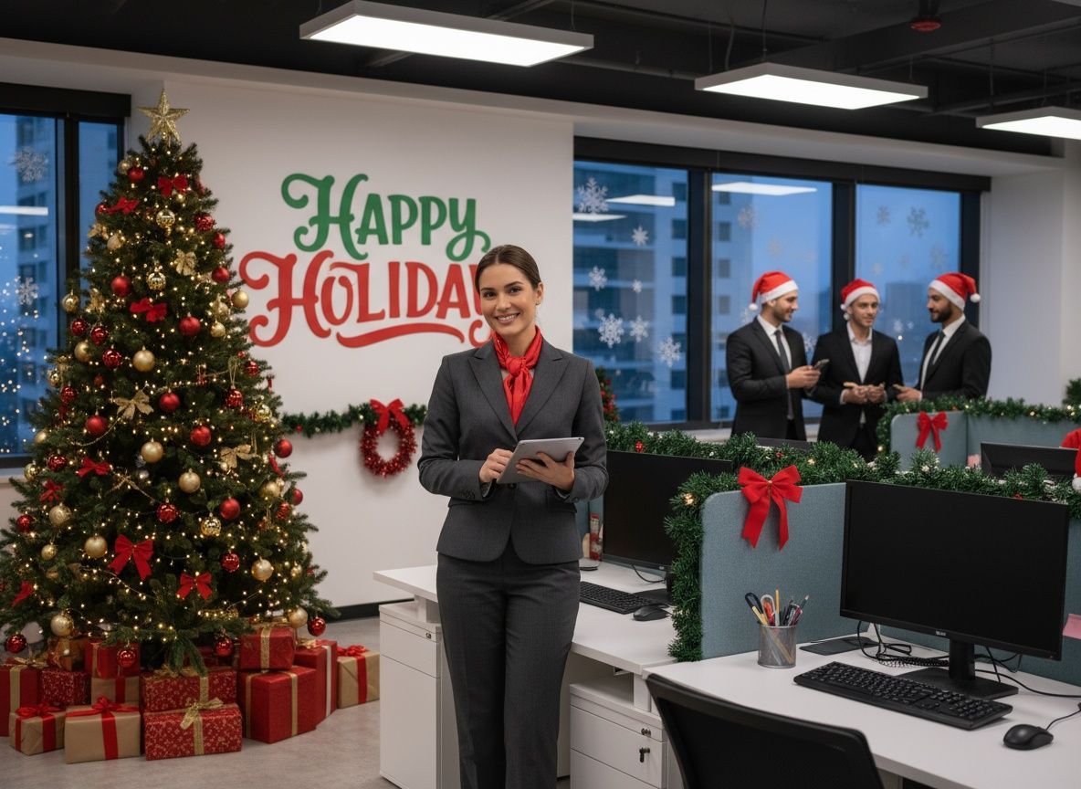 Woman in suit holds tablet in decorated office, with Christmas tree and men wearing Santa hats.