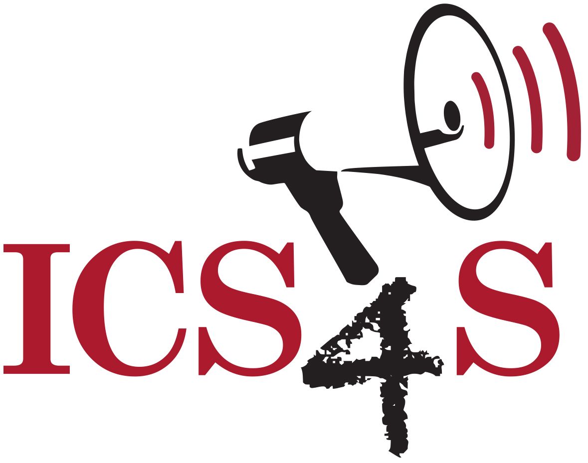 A red and black logo for ics4s with a megaphone