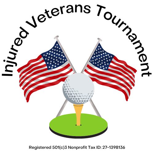 A logo for an injured veterans tournament with two american flags and a golf ball on a tee.