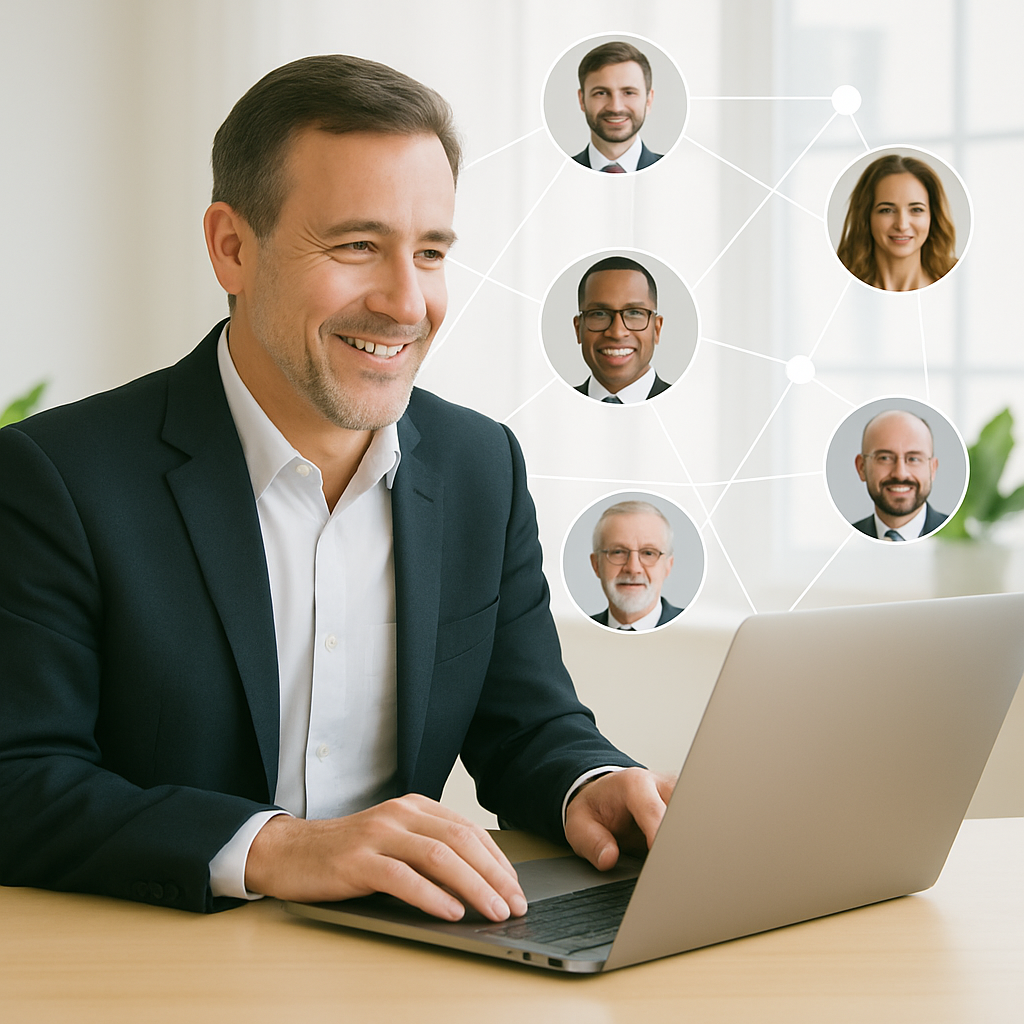 A man is sitting at a desk using a laptop computer.