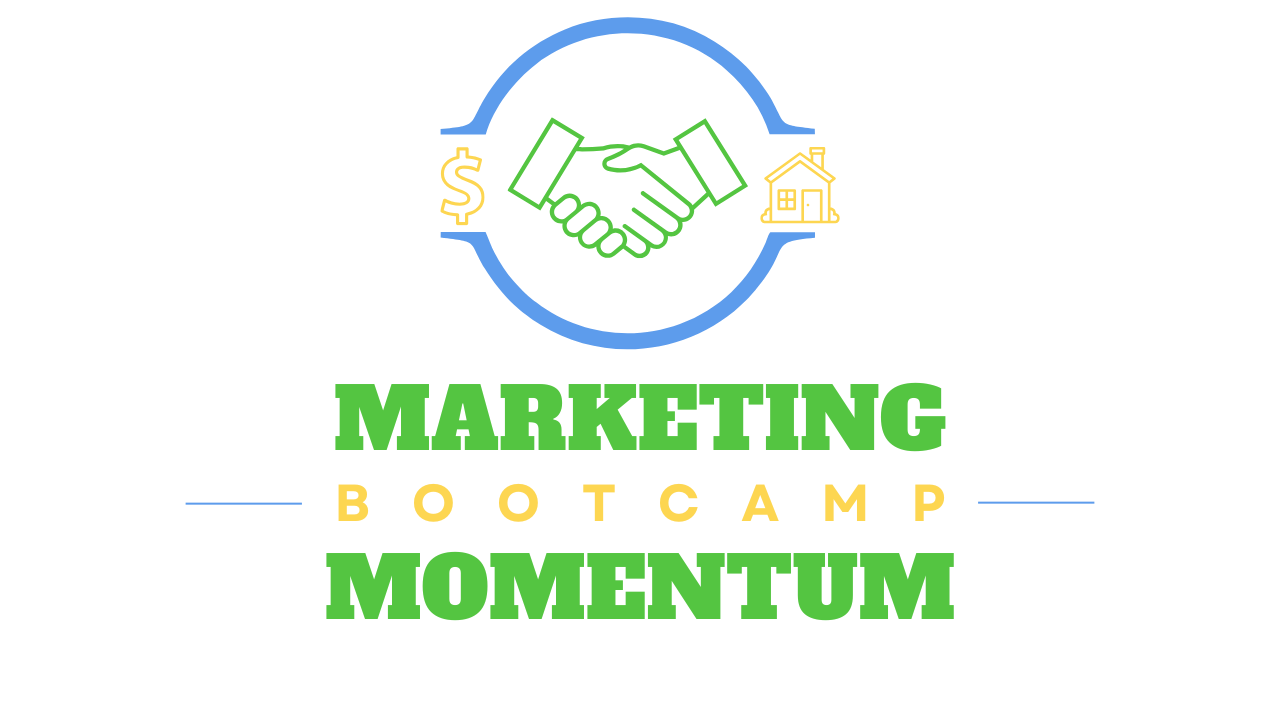 The logo for marketing bootcamp momentum shows a handshake between two people.