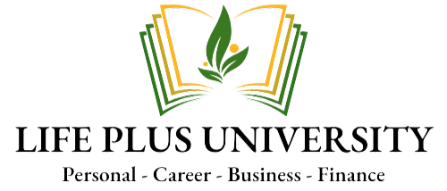 The logo for life plus university is a book with a leaf on it.
