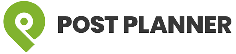 A post planner logo with a green pin on a white background.