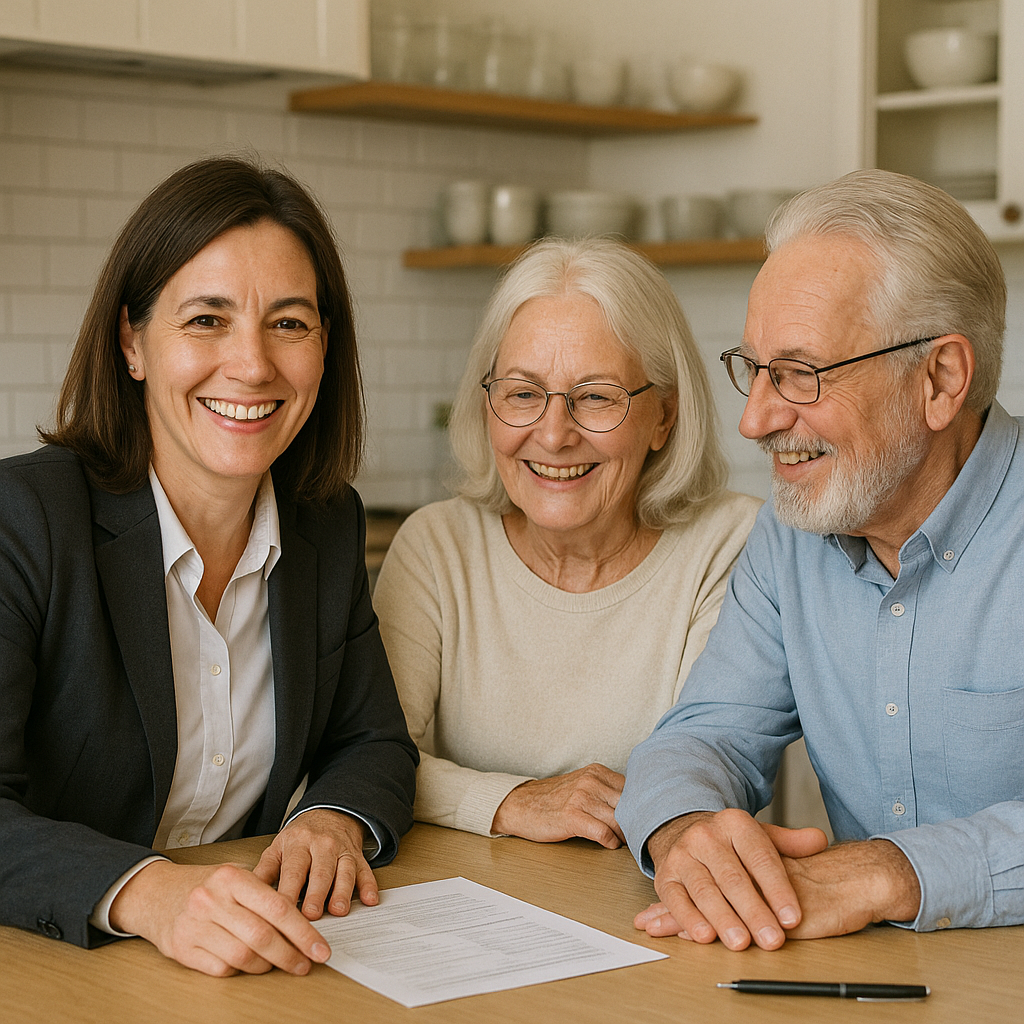 A group of people are sitting at a table with papers and smiling.