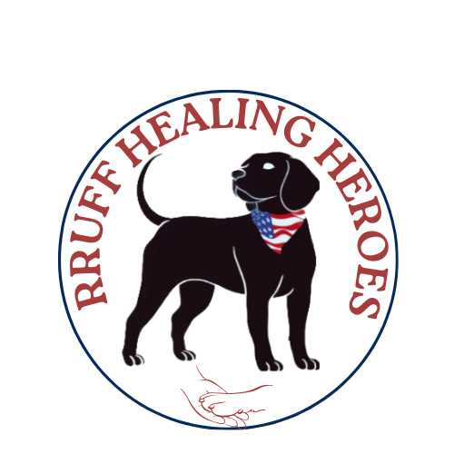 A logo for rruff healing heroes with a black dog