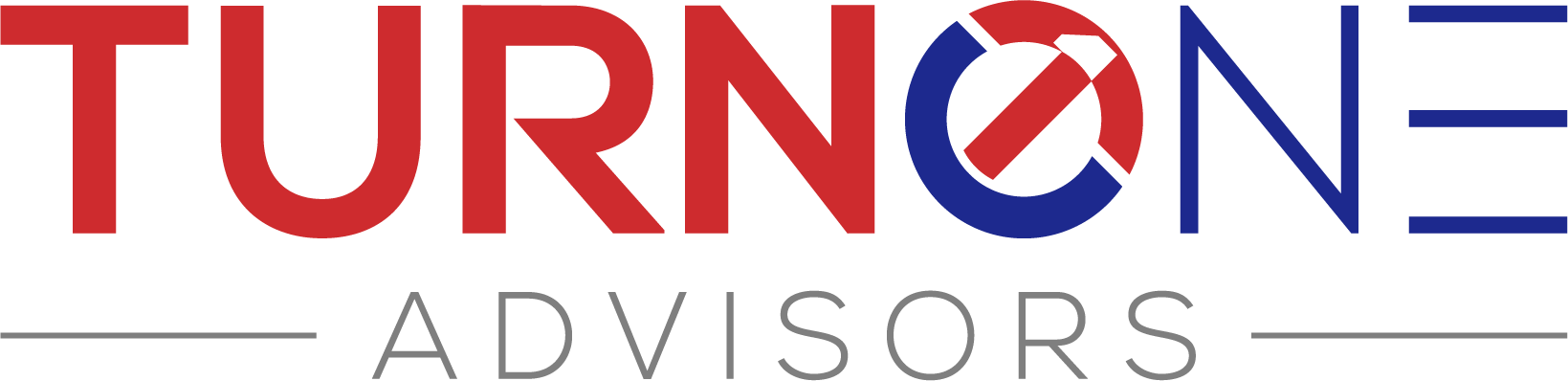 A red , white and blue logo for turnone advisors