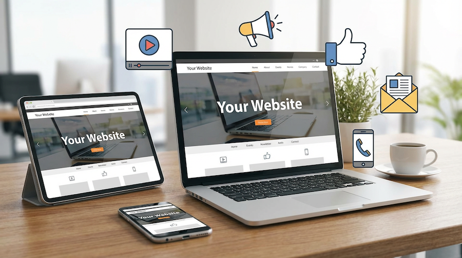 A laptop, tablet, and smartphone on a desk, each displaying a website, with floating icons representing digital marketing.