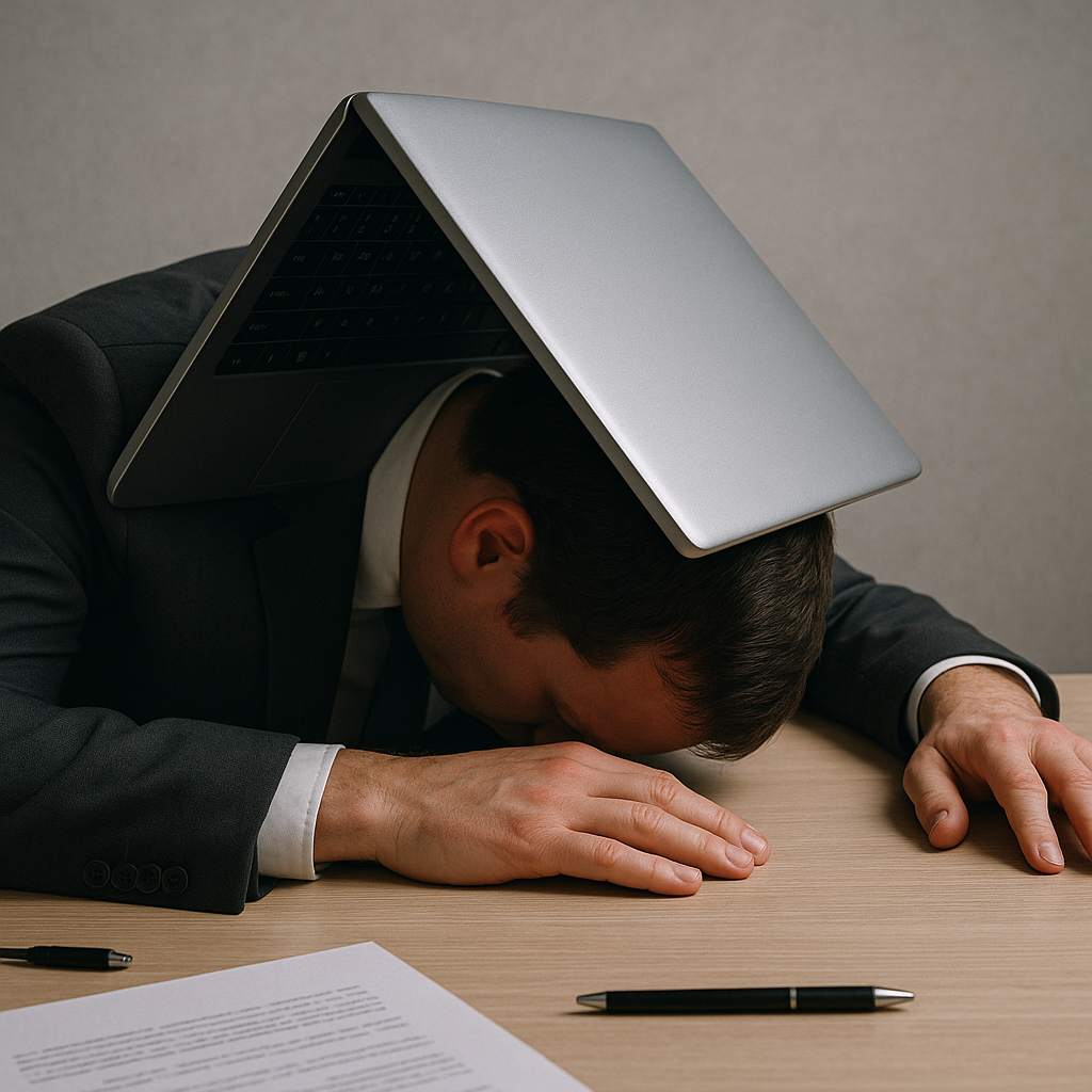 A man in a suit is laying down with a laptop on his head.