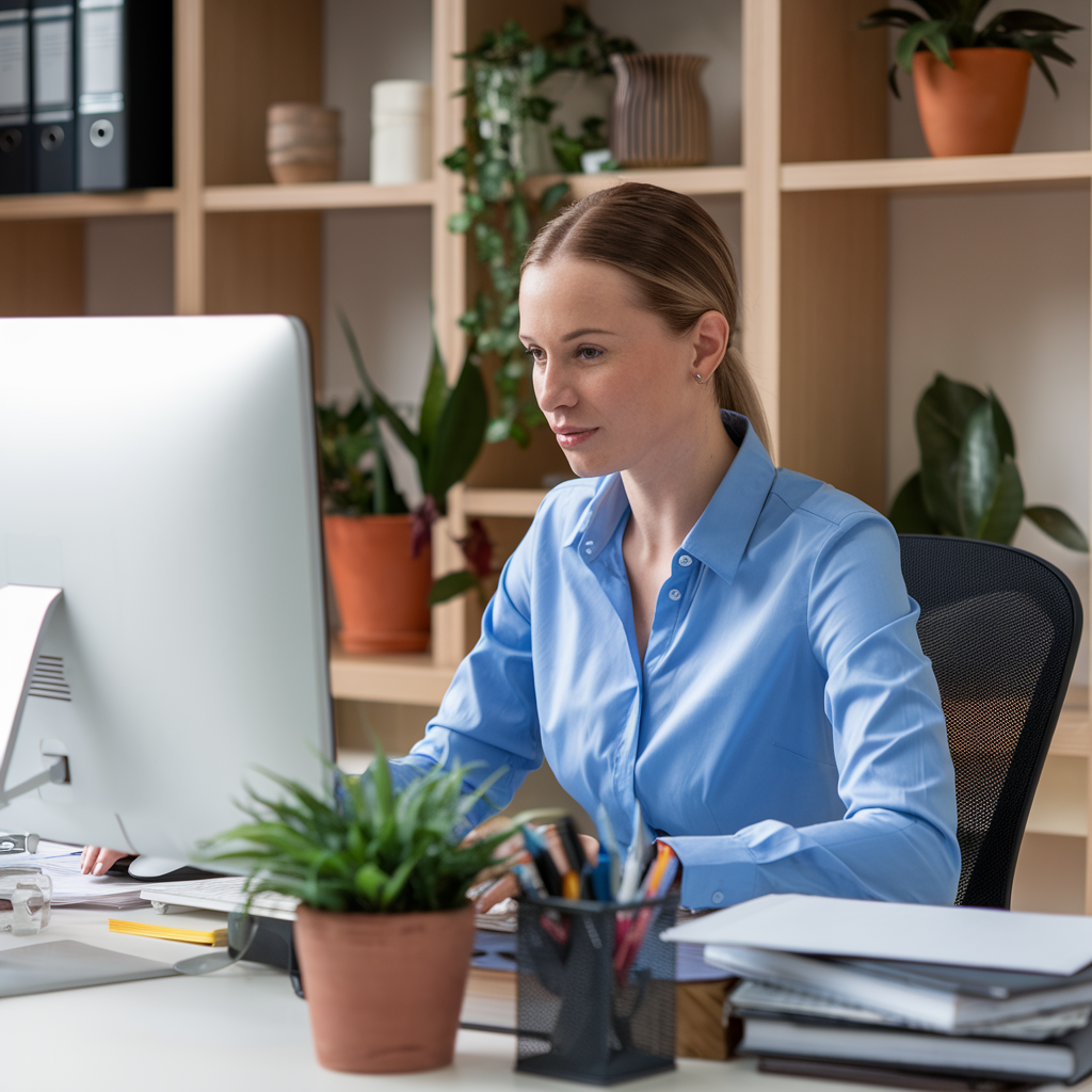 A woman is sitting at a desk in front of a computer.