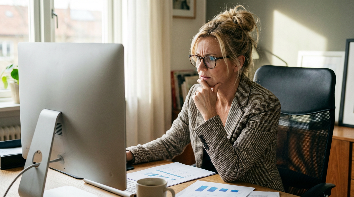 Woman in glasses working on a computer at a desk, hand on chin, focused.