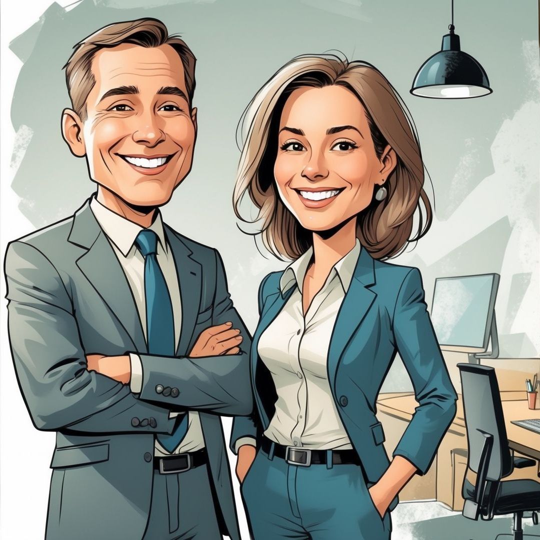 A cartoon drawing of a man and a woman standing next to each other in an office