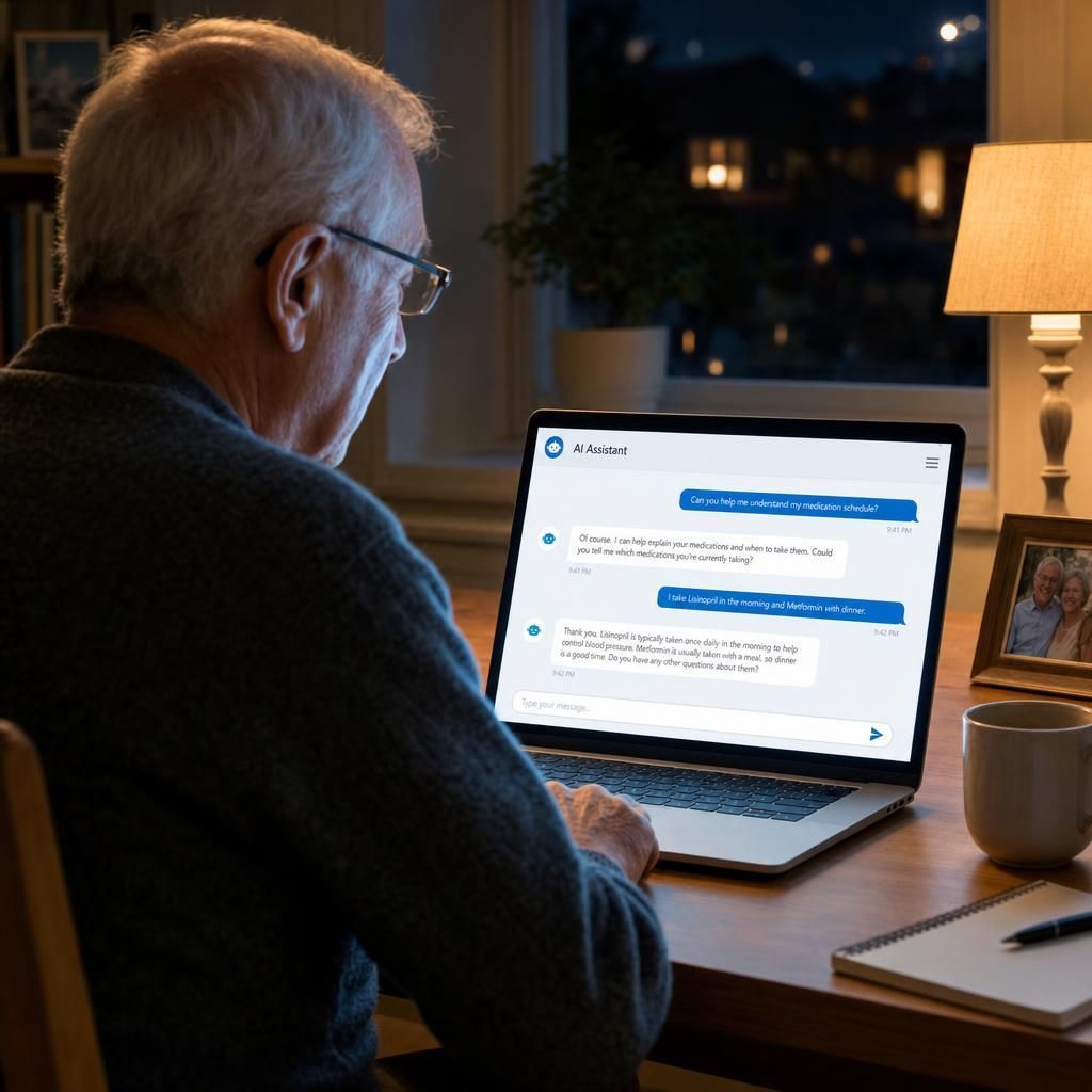 Person sitting at a desk, viewing a laptop with chat messages in a dimly lit room at night.
