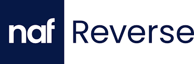 A blue and white logo for naf reverse on a white background.