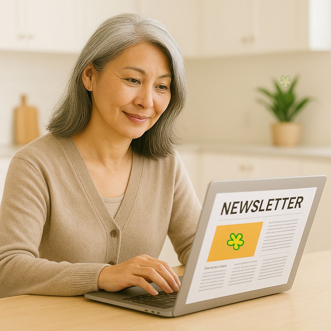 A woman is sitting at a table using a laptop computer to read a newsletter.