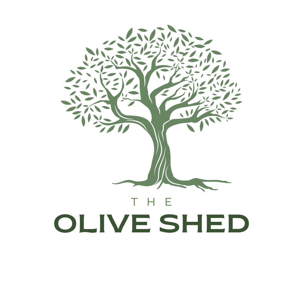 The logo for the olive shed is a tree with leaves on it.