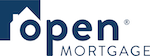 The logo for open mortgage is blue and white with a house in the background.