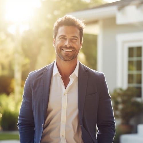 A man in a suit and white shirt is smiling in front of a house.