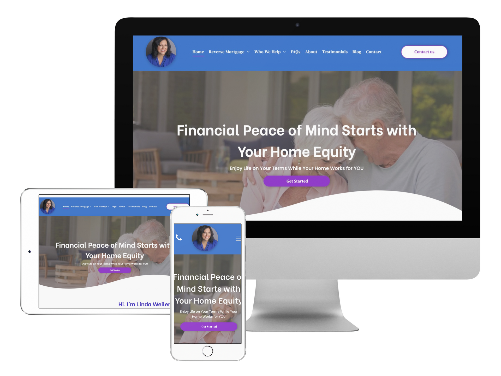 Website displaying on a computer, tablet, and phone featuring a woman's portrait and text about home equity for financial peace of mind.