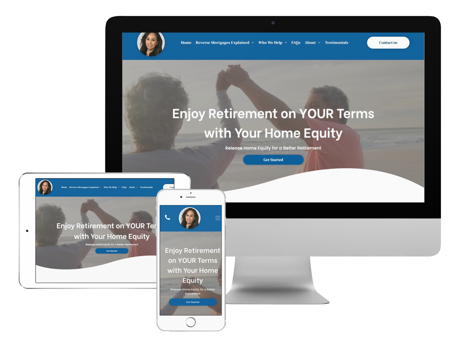 A desktop computer, tablet, and smartphone displaying a website with the headline, 