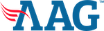 The aag logo is blue and white with a red wing.