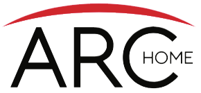 The logo for arc home is black and red with a red curve.